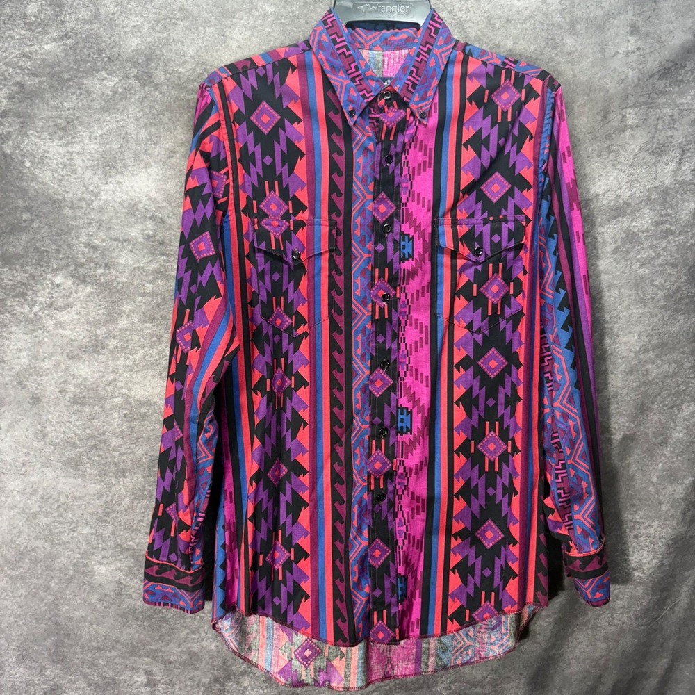 VTG Wrangler Cowboy Cut Aztec Western Shirt Mens 15.5 Pink Purple X-Long Tails